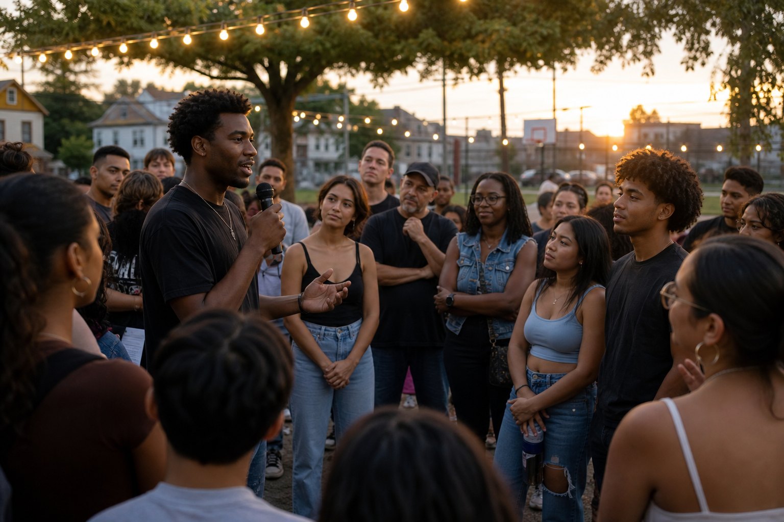 Community gathering in a neighborhood park at golden hour