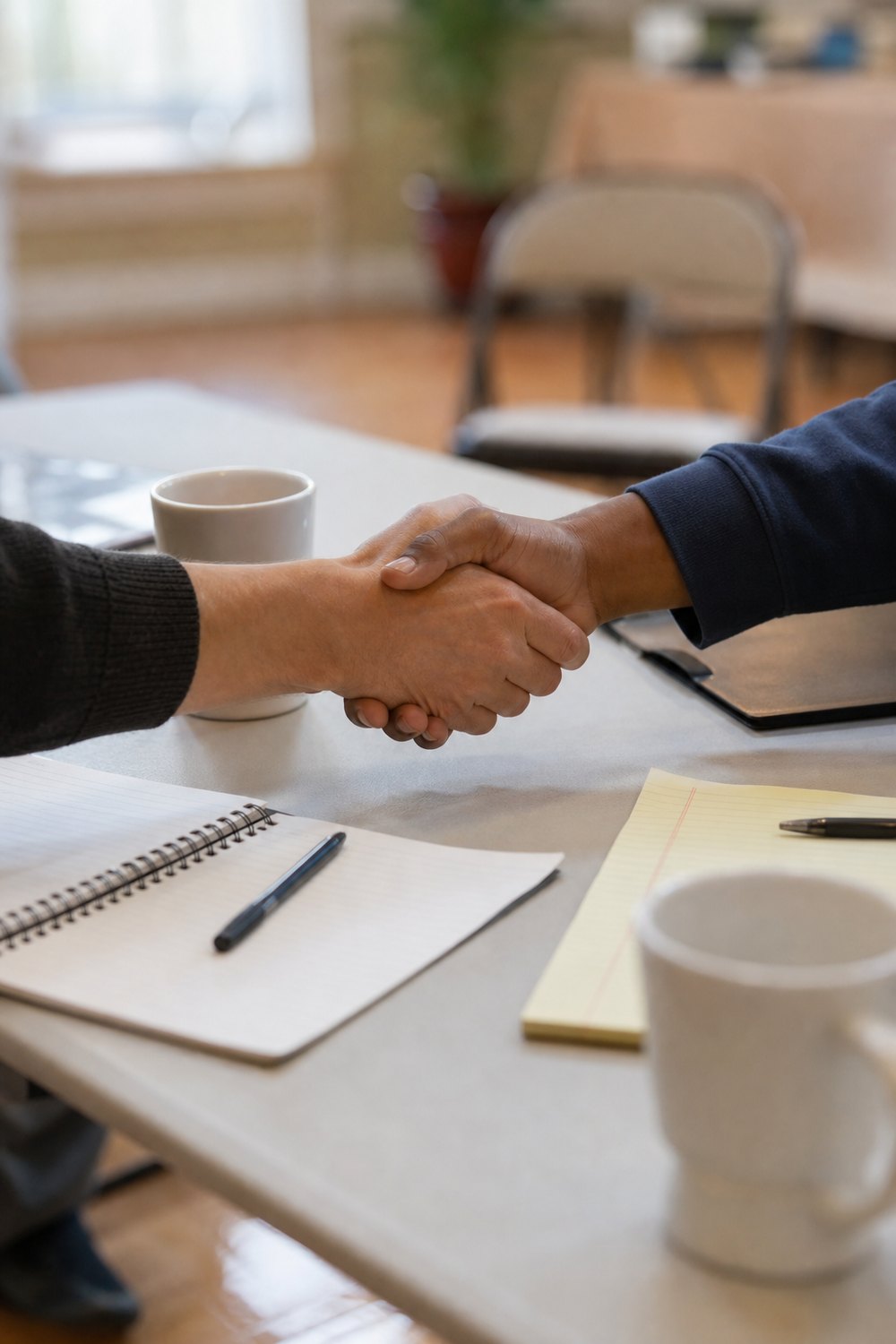 Two people shaking hands across a table in a community room