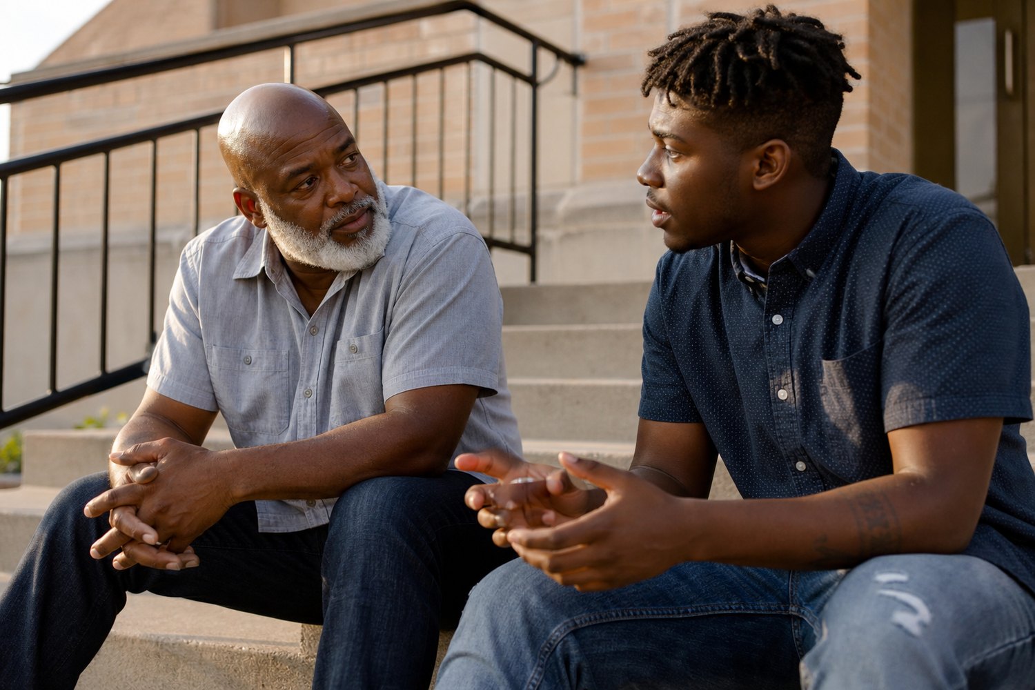 Mentor and young man talking on the steps