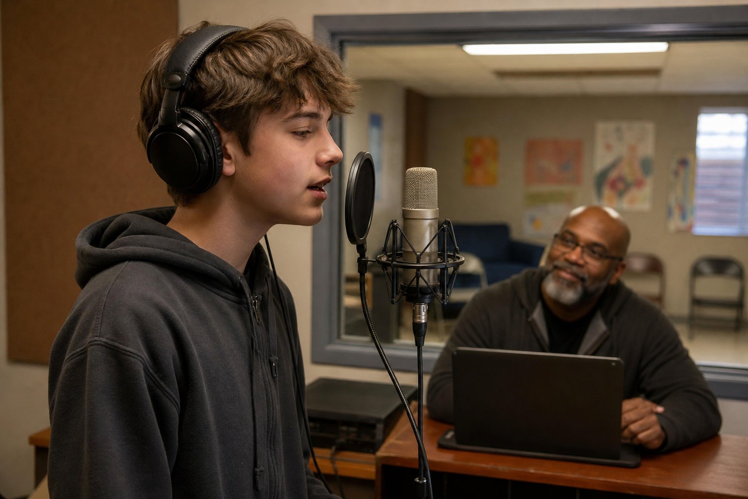 Young man recording vocals with a mentor engineering