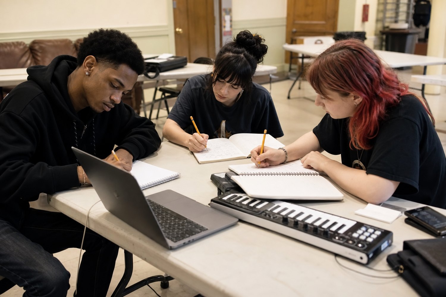 Songwriting workshop around a folding table